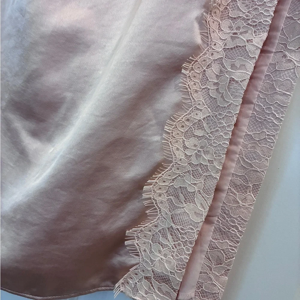 Elegant Blush Pink Lace Trim‎ Split Midi Silky Pencil Skirt